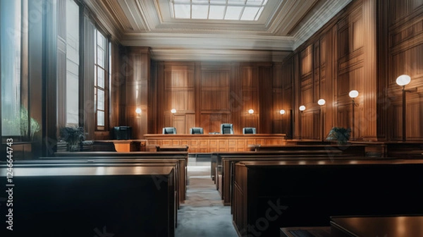 Obraz Courtroom Interior With Wooden Accents and Rows of Seats Organized for a Legal Proceeding During Daylight
