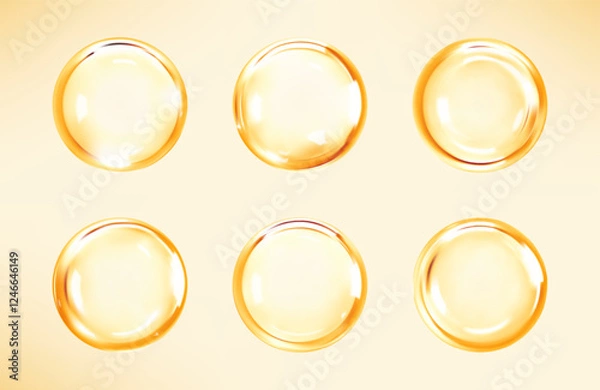 Obraz Transparent golden liquid bubbles. Cosmetic oil, serum or essence. Skincare product. Concept skin care cosmetics solution. Vector illustration