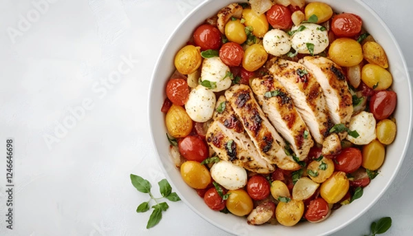 Fototapeta Salad with chicken, mozzarella and cherry tomatoes. Top view