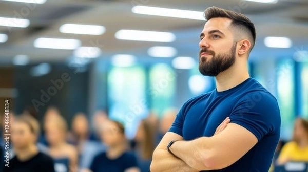 Fototapeta Engaged man with beard listening attentively in seminar room filled with focused audience