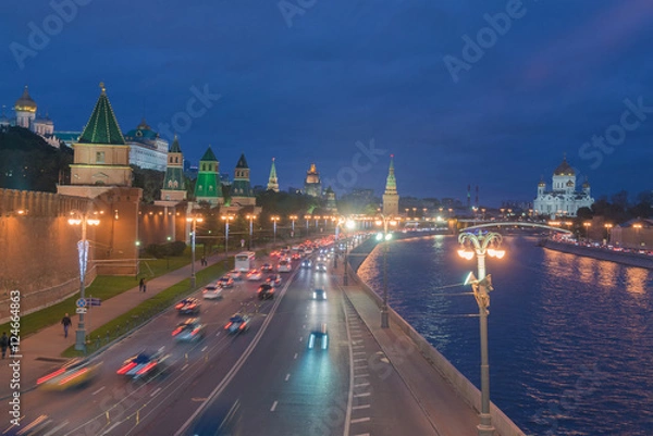 Obraz Traffic near Kremlin with river in moscow at night