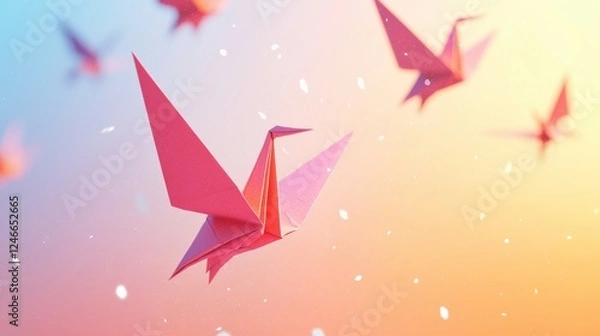 Fototapeta Colorful Paper Cranes Floating Gracefully Upward Against a Soft Gradient Background with Delicate Elements