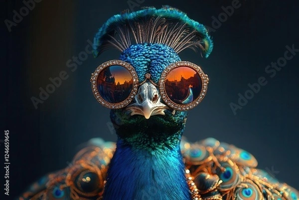 Fototapeta pop art portrait of a peacock with iridescent feathers styled as a fashion icon wearing sunglasses and baroque jewelry