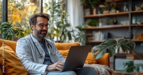 Fototapeta Online Health Consultation Video Call with Doctor using AI Teleconsultation App for ECG Data Monitoring and Wellness at Home
