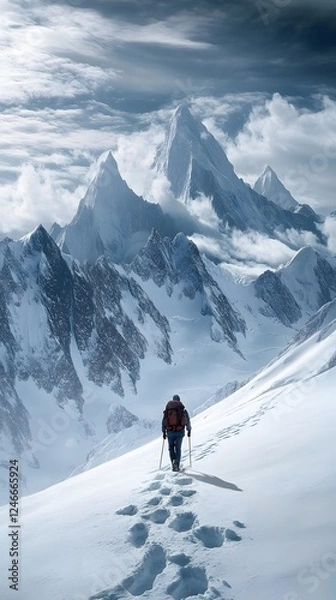 Fototapeta A person in winter and a backpack is walking on the snow-covered mountain

