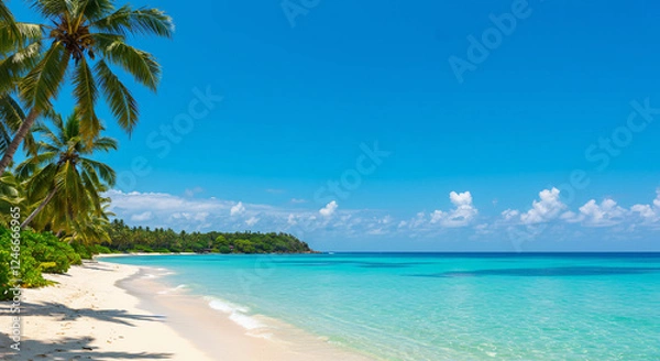 Fototapeta A Beautiful Sea Background with a Blue Sky, Sandy Beach Shore, and Waves Splashing Gently Against the Coast, Perfect for a Tropical Island Vacation, Nature Travel, and Relaxing Summer Holidays