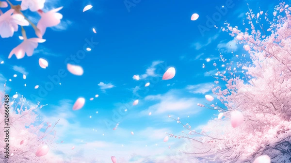 Obraz 青空を背景に満開のさくらと桜吹雪。日本の春の明るい水彩画。