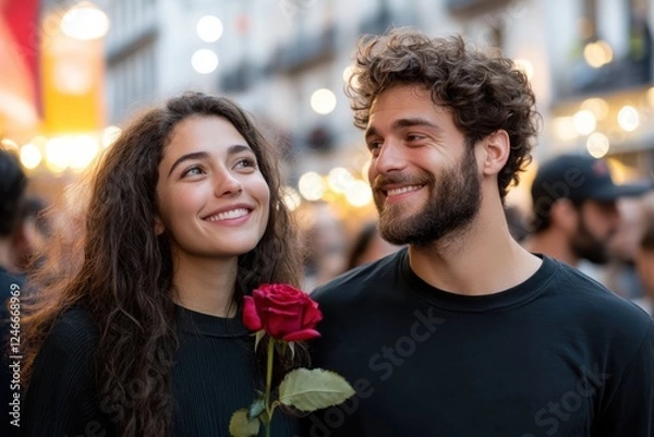 Fototapeta A joyful couple smiles at each other while holding a red rose, symbolizing love, connection, and the beauty of romantic moments shared in a lively outdoor setting.