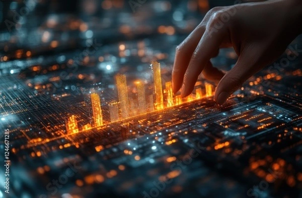 Fototapeta Hand Holding Growth Arrow Chart for Business Success and Financial Profit in Dark Background