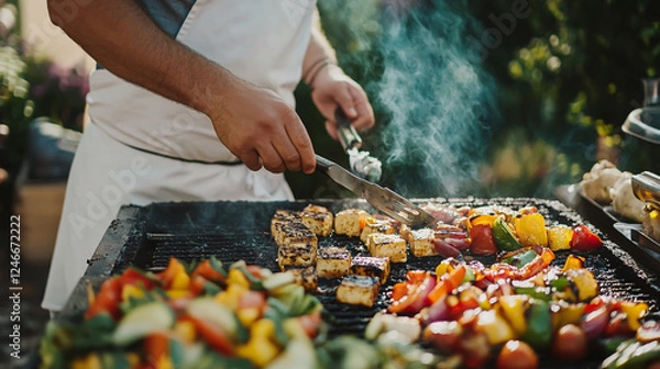 Obraz A chef grills vegetables and tofu at a vegan barbecue event, set in a garden for a summer gathering.