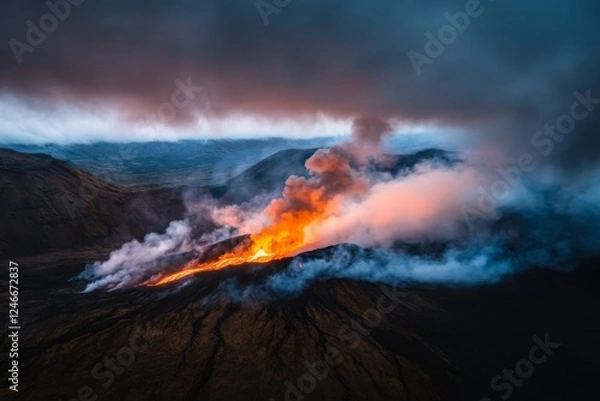 Fototapeta Volcanic eruption unleashes smoke and lava, set against a dark sky and mountain range, showcasing nature's immense power in a breathtaking display