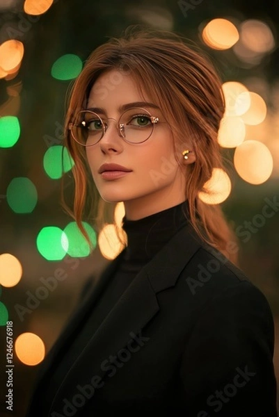 Obraz Elegant Young Woman in Glasses with Bokeh Lights Background