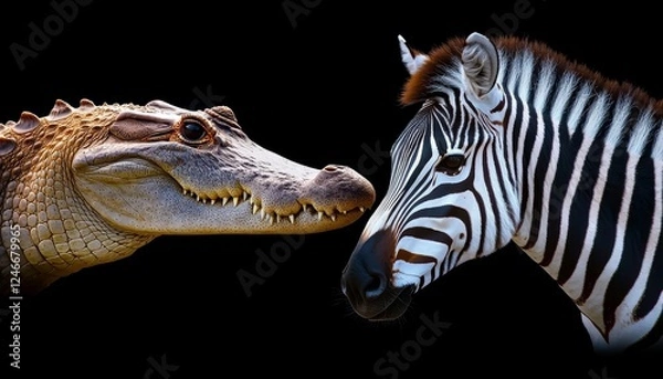 Fototapeta Crocodile and Zebra Face-Off A Striking Wildlife Portrait Against a Black Background