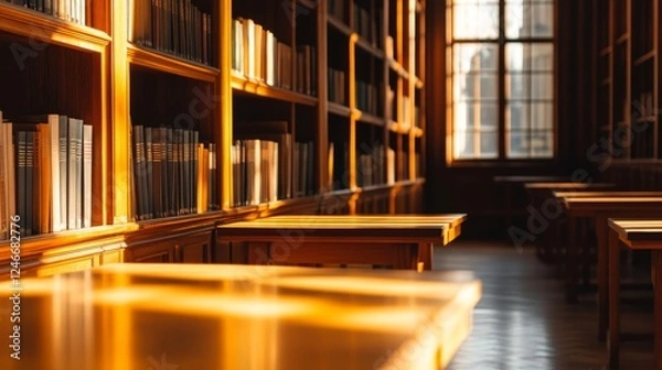 Fototapeta Warm sunlight illuminating wooden library shelves filled with books, creating a serene study atmosphere