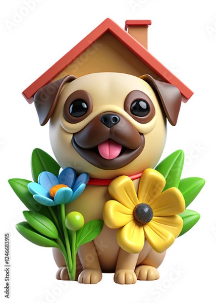 Obraz A charming 3D-rendered puppy sitting near a cozy doghouse, surrounded by flowers, symbolizing friendship, pet care, and a warm home.