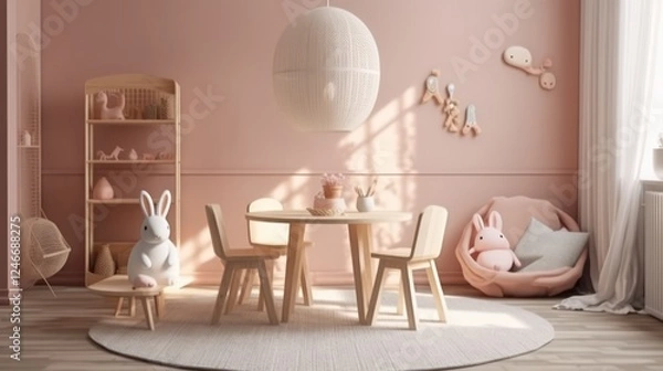 Obraz Cozy Children's Playroom Interior with Round Table and Whimsical Chairs in Scandinavian Style