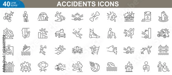 Fototapeta Accidents line icons set. Vector illustration for emergency, workplace safety, traffic incidents, risk prevention and more.