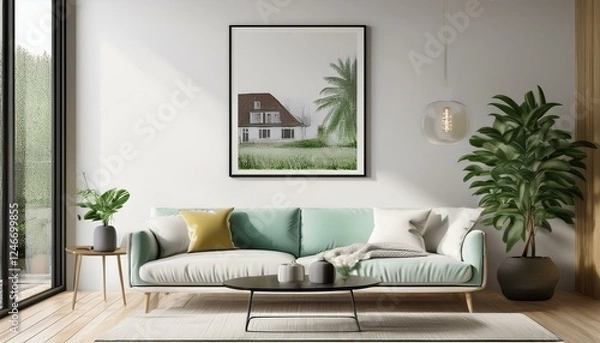 Fototapeta Reference Frame mockup, ISO A paper size. Living room wall poster mockup. Interior mockup with house background. Modern interior design. 3D render