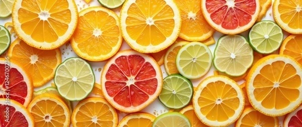 Fototapeta A visually stunning pattern created with orange, lemon, lime, and grapefruit slices arranged into a vibrant mosaic. The juicy textures and vibrant colors pop against a neutral background.