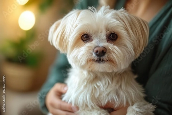 Fototapeta professional pet groomer styling creamcolored maltese dog on modern grooming table using premium tools soft studio lighting highlighting fluffy coat texture