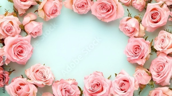 Fototapeta Captivating Pink Rose Flowers Encircling on Pink and Blue Background, Perfect for Valentine's Day, Mother's Day, and Women's Day Themes, Flat Lay Top View with Ample Copy Space, High Resolution and De