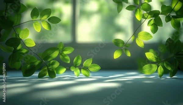 Fototapeta Soft Blurred Green Leaves Background with Sunlight and Shadows on White Surface