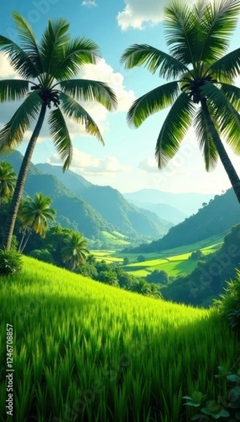 Fototapeta The earthy scent of coconut palms wafts through the air amidst a tranquil landscape of rolling green rice fields, forest, earthy