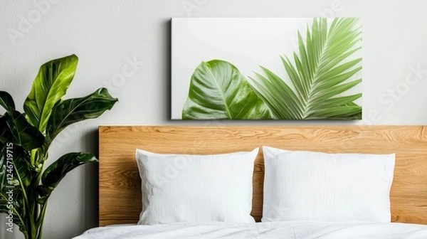 Fototapeta Cozy Bedroom with Green Leaves and Minimalist Decor Aesthetic