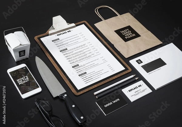 Fototapeta Menu, Smartphone, Take Out Carton, Bag, and Stationery Mockup