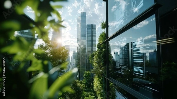 Obraz A smart grid city designed for efficient energy distribution, showcasing advanced infrastructure:A city powered by a smart grid system, demonstrating effective energy management and modern