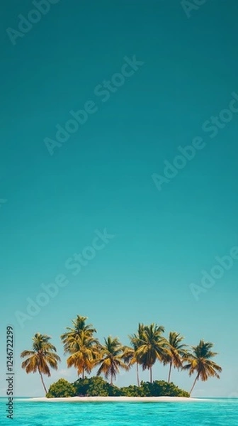 Fototapeta Photo of an island with palm trees and turquoise water, under a clear blue sky
