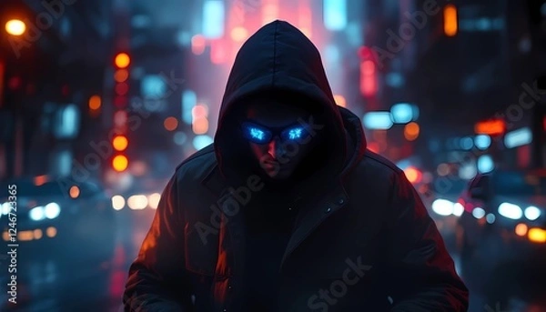 Fototapeta Neon-lit Enigma, A Mysterious Figure in the Heart of a Cyberpunk City