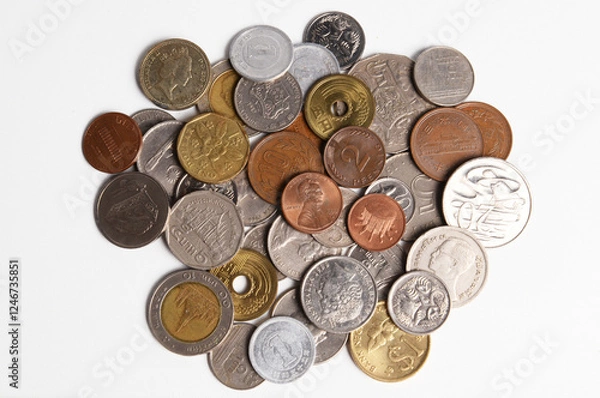 Obraz Old coins on white background. Top view.