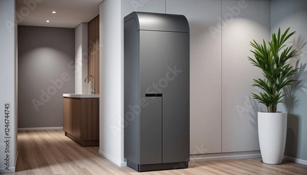 Fototapeta Sleek matte black compact automatic shoe sanitizing station in modern hospital lobby