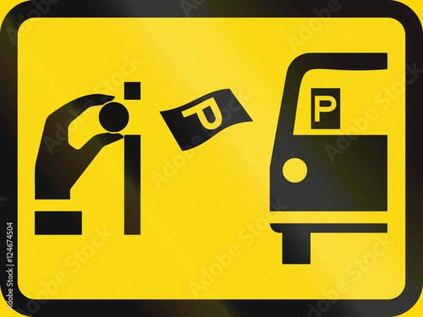 Fototapeta Temporary road sign used in the African country of Botswana - Pay and display parking