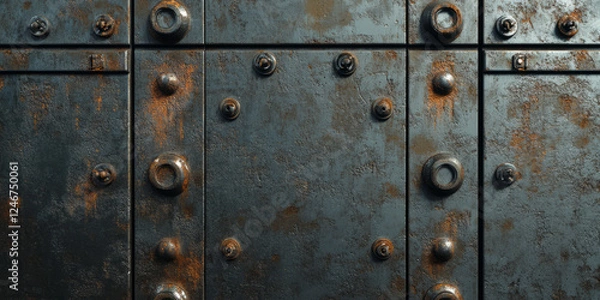 Fototapeta Distressed steel plate with corrosion marks and pitted surfaces, featuring rust patches scattered throughout. The heavy industrial vibe is ideal for post-apocalyptic, grunge, or rugged mechanical