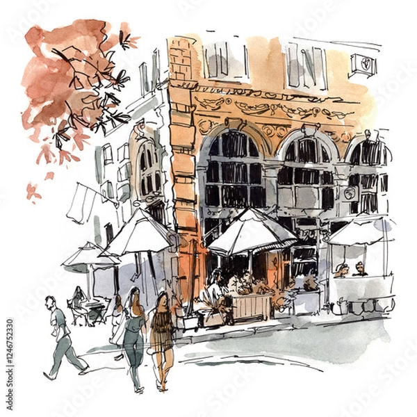 Obraz Painted watercolor landscape with a building in the foreground. Freehand drawing sketch