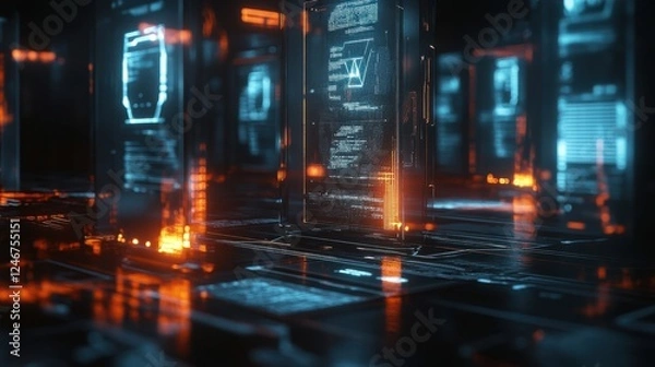 Obraz Cybersecurity AI monitoring compliance protocols, dark mode interface with glowing security shields