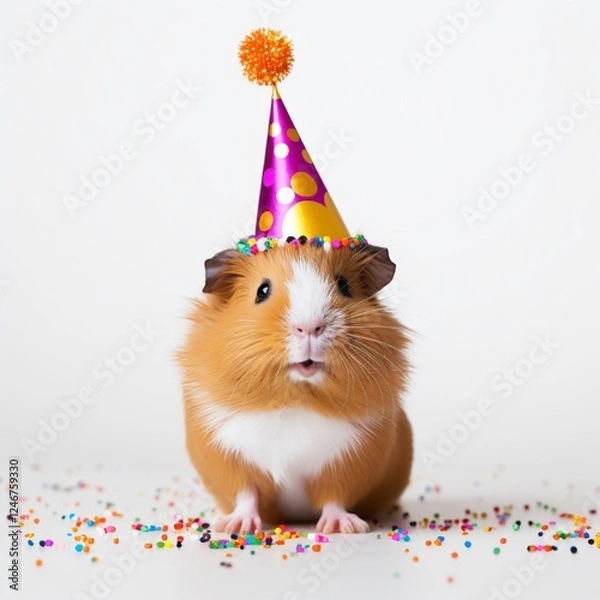 Obraz Adorable Guinea Pig Birthday Celebration with Party Hat and Cake Isolated on White Background