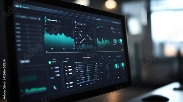 Fototapeta Interactive compliance dashboard on a high-tech screen, real-time data analytics