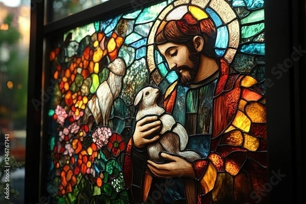 Fototapeta saint francis of assisi depicted in a vibrant stained glass style surrounded by nature and animals embodying tranquility and the beauty of creation