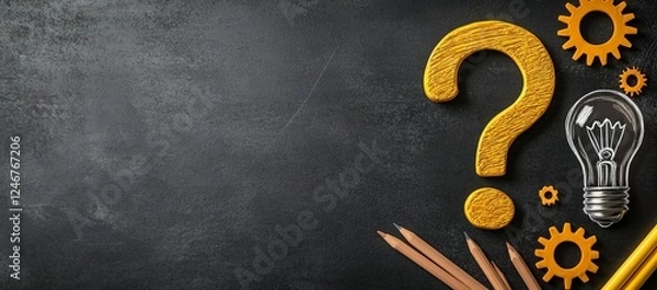 Fototapeta Hand-Drawn Illustration of Question Mark, Light Bulb, and Gears on Blackboard Background with Copy Space