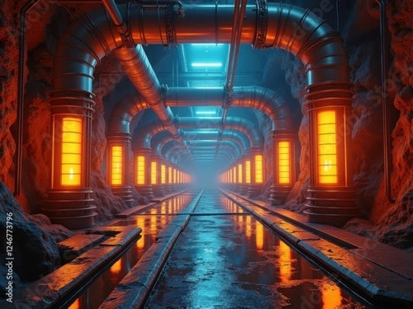 Fototapeta Underground energy network with illuminated pipes and wet floor in a dimly lit environment