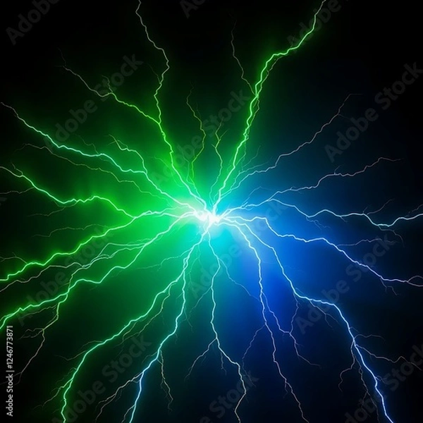 Fototapeta A vivid green lightning burst radiates in all directions, casting a mystical glow that pierces the darkness with supernatural energy.