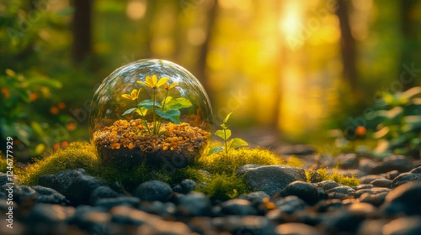 Fototapeta A beautiful glass dome encasing vibrant yellow flowers in a lush forest setting, representing conservation and nature protection