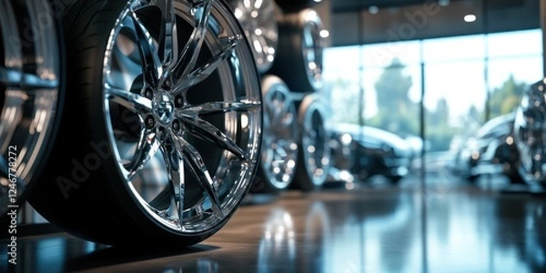 Obraz A creative shot of polished aluminum wheels displayed in an automotive showroom, highlighting their modern design