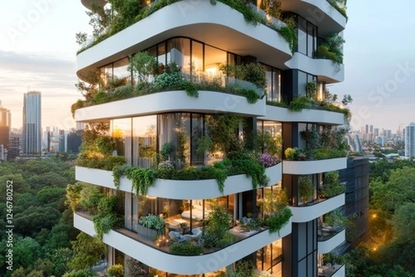 Obraz A high-rise residential complex with lush vertical gardens covering its facade