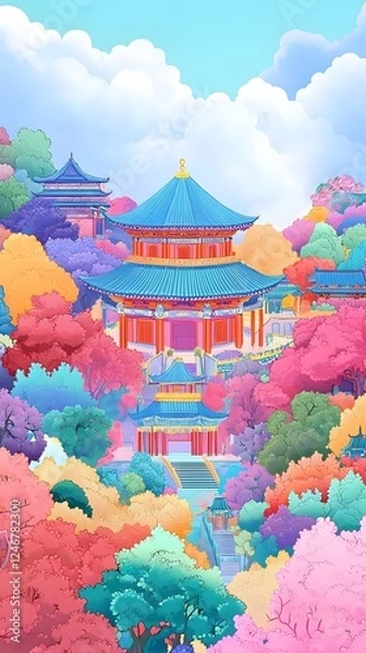 Fototapeta Chinese-style architecture, a temple surrounded by colorful trees and flowers