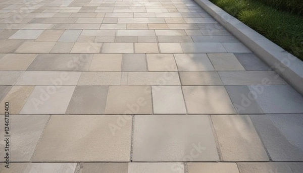Fototapeta A sun-drenched pathway of subtly textured stone tiles, exhibiting a harmonious blend of neutral tones and featuring a neatly trimmed grassy border