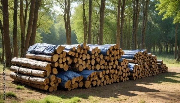 Fototapeta Stacks of freshly cut logs covered with blue tarps sit in a sun-dappled forest clearing.